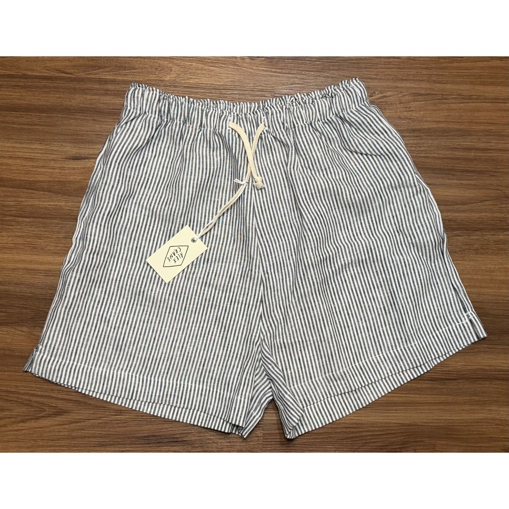 Alex Crane Bo Shorts Blue White Stripe 100% Linen Elastic Waist Women Sz XL